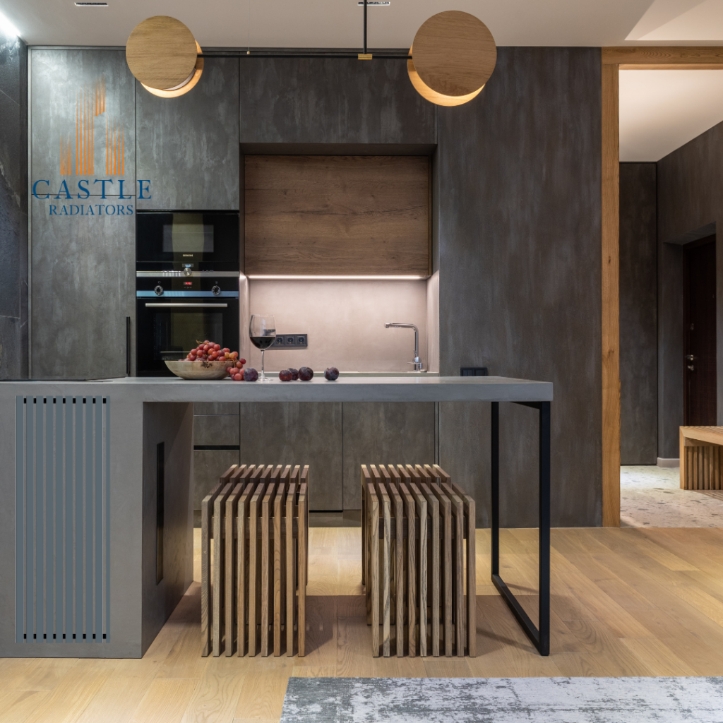 A contemporary kitchen design with a large island and stylish wooden floors.