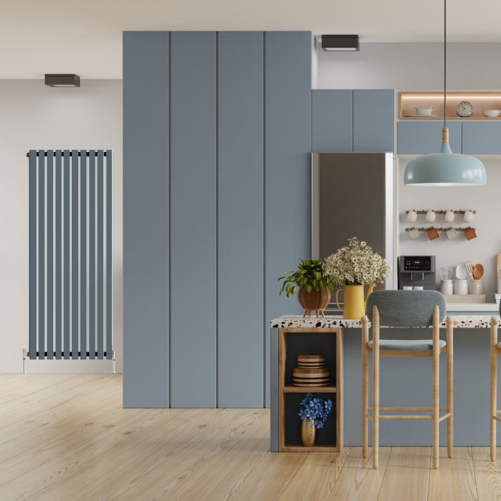 A modern kitchen with vibrant blue cabinets and a blue countertop, offering a fresh and inviting atmosphere.
