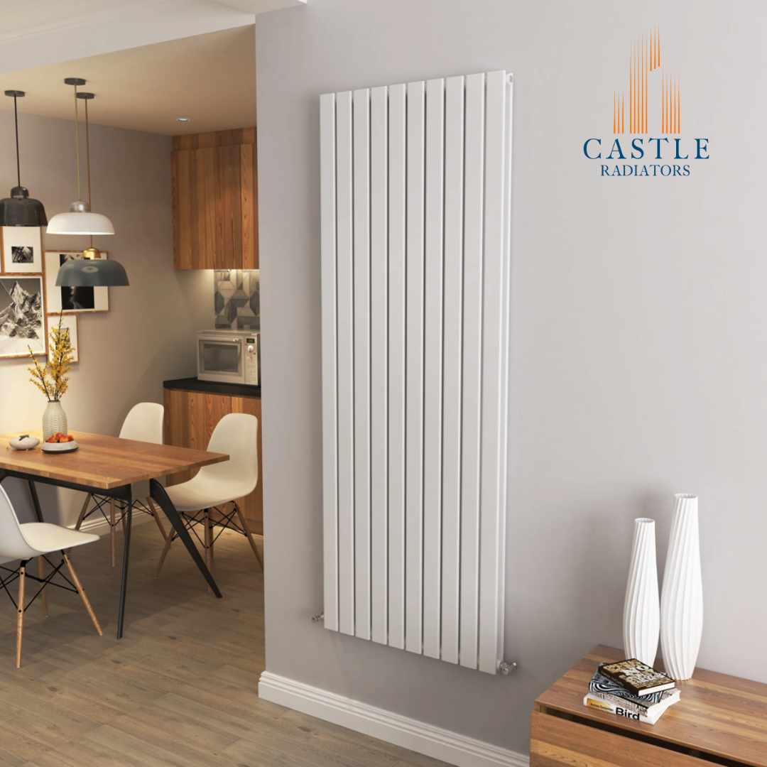 A sleek white radiator in a stylish living room, providing warmth and enhancing the modern interior design.