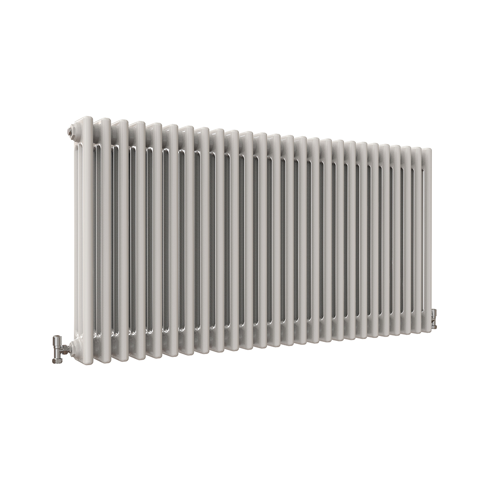 White horizontal column radiator with a traditional tubular design, ideal for stylish and efficient bedroom heating.